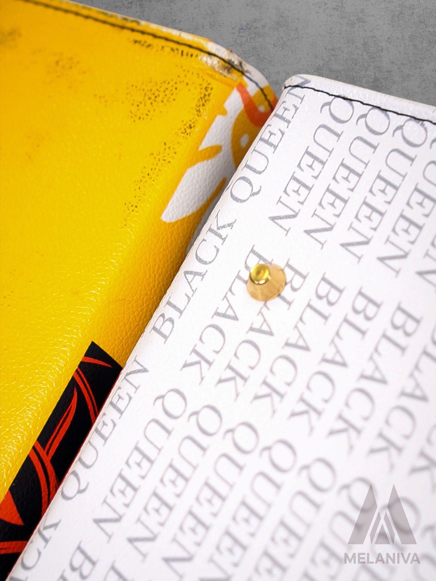 Close-up of a yellow and white product with 'Black Queen' text, featuring the Melaniva brand.