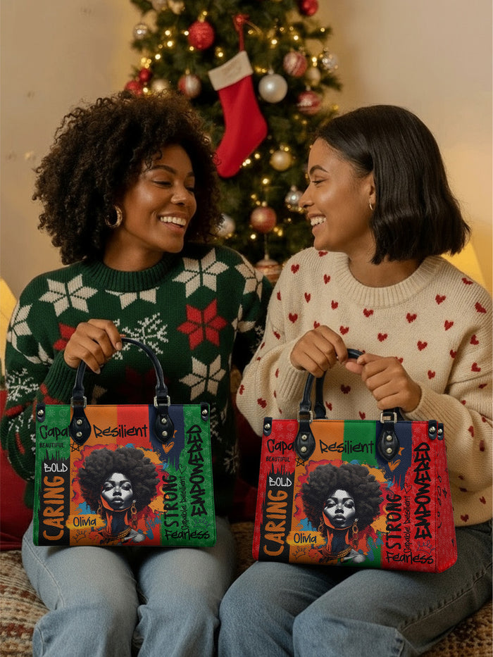 Two women holding colorful bags with a Christmas tree in the background