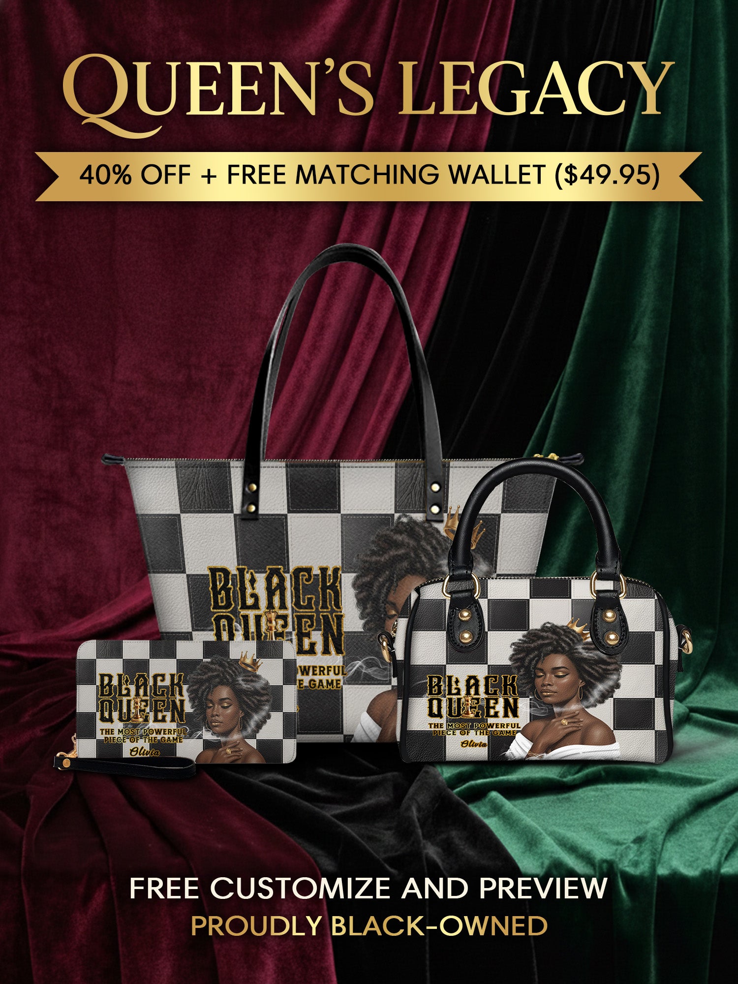 Melaniva "Black Queen Royal Elegance" Tote Bag The Perfect Trio - Melaniva