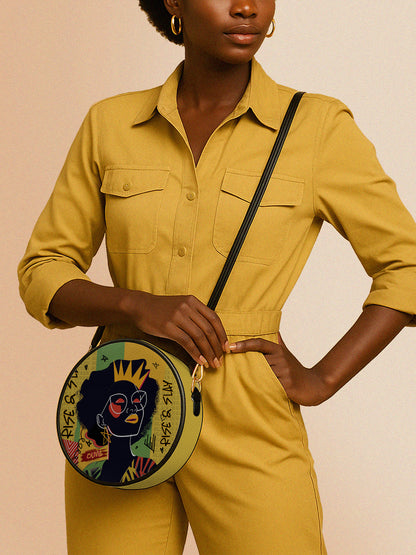 Melaniva Crowned Muse Satchel Yellow Leather Circle Crossbody Bag