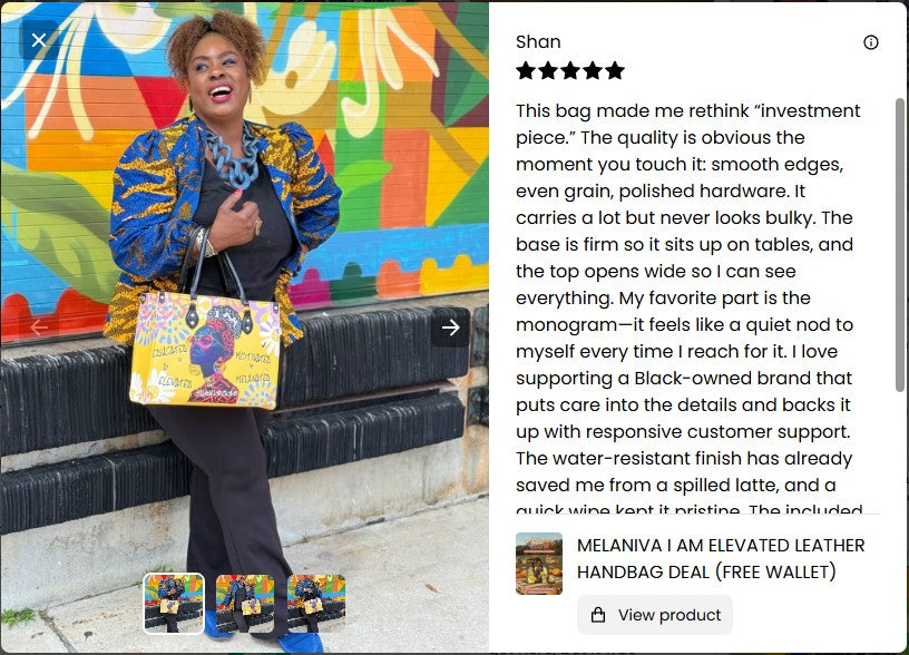 Woman holding a colorful handbag with a review on a smartphone screen.