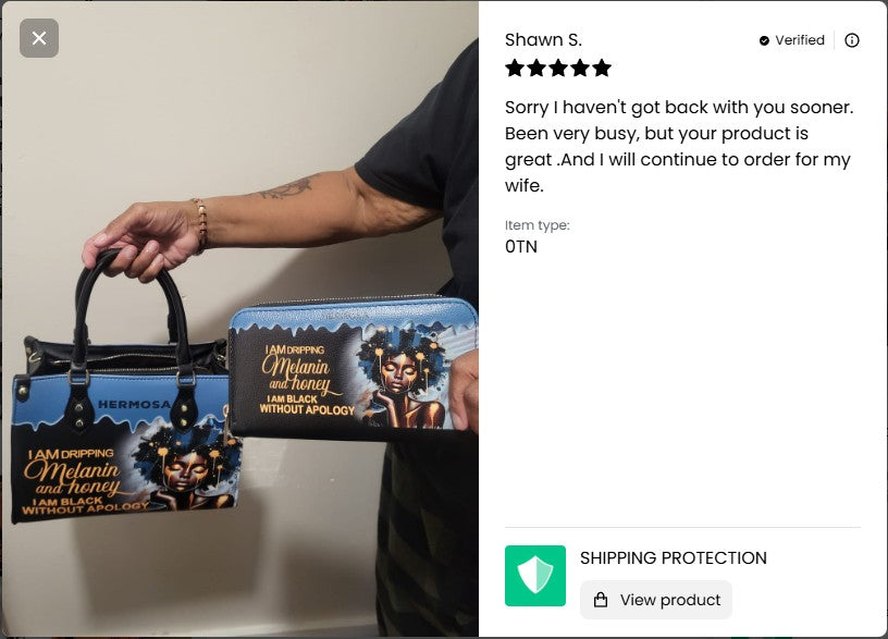 Hand holding two product packages with a visible review on the right side.