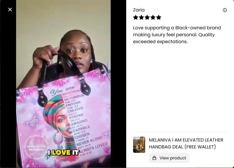 Person holding a pink handbag with a colorful design and text, with a Zaria review on the right.