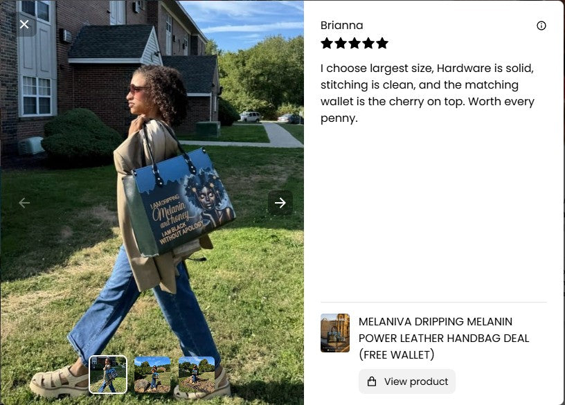 Woman walking with a handbag in a residential area, with a product listing on the right.